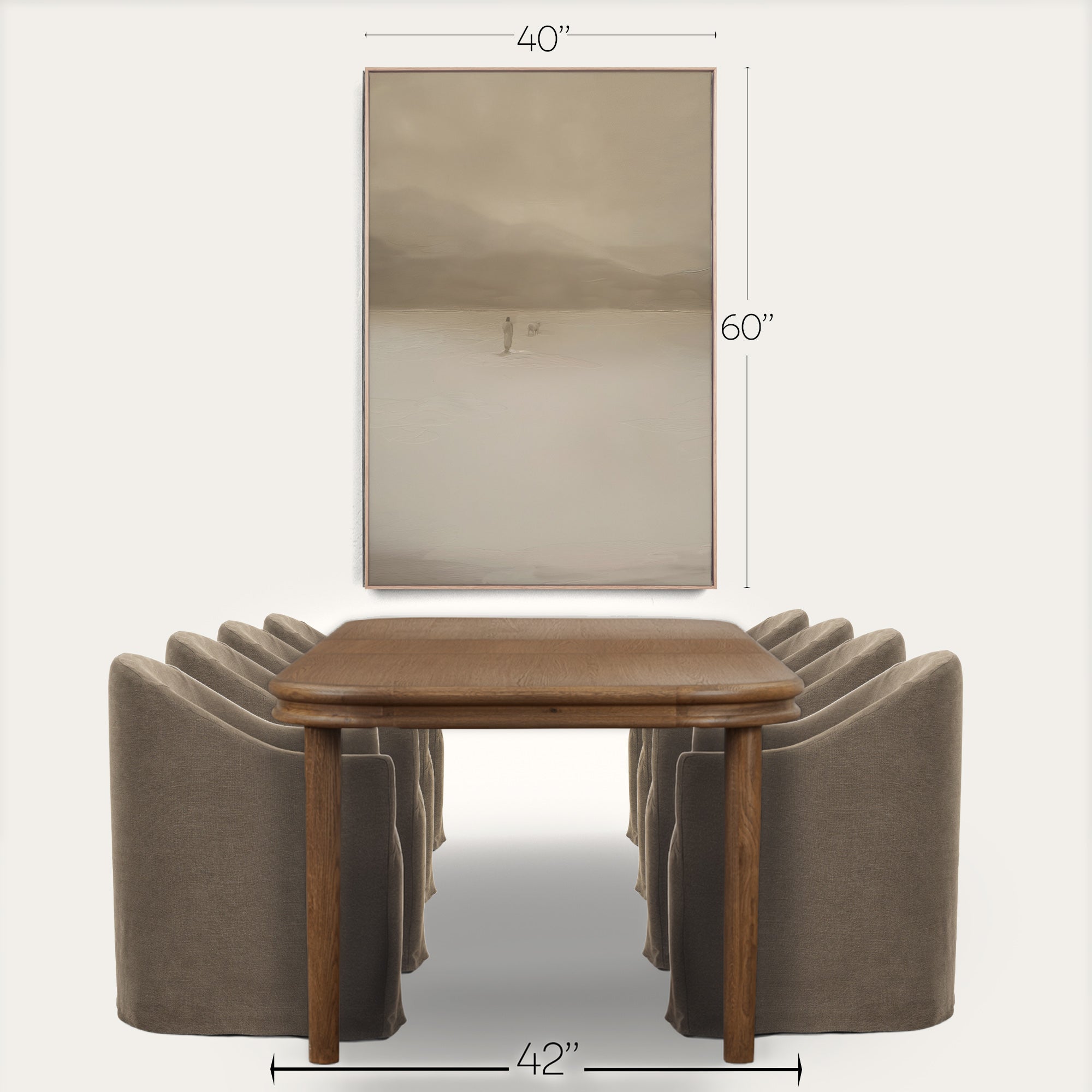 Dining table with chairs and dimensions labeled on a white background 