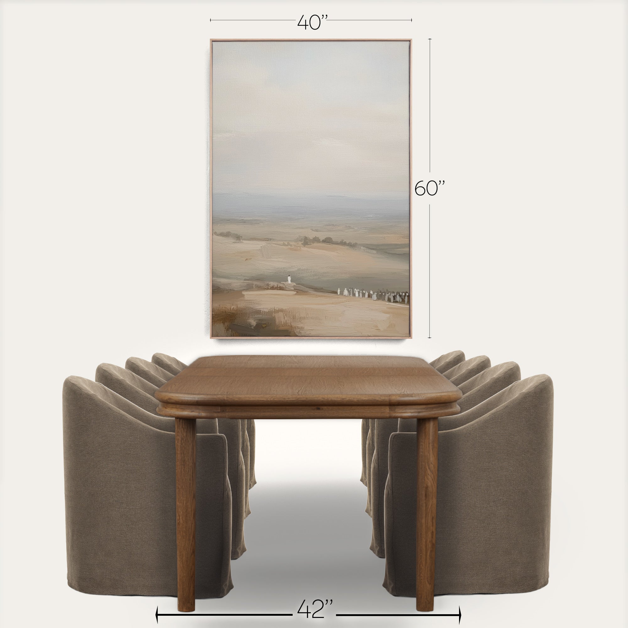Dining table with chairs and a landscape painting, with dimensions displayed. 