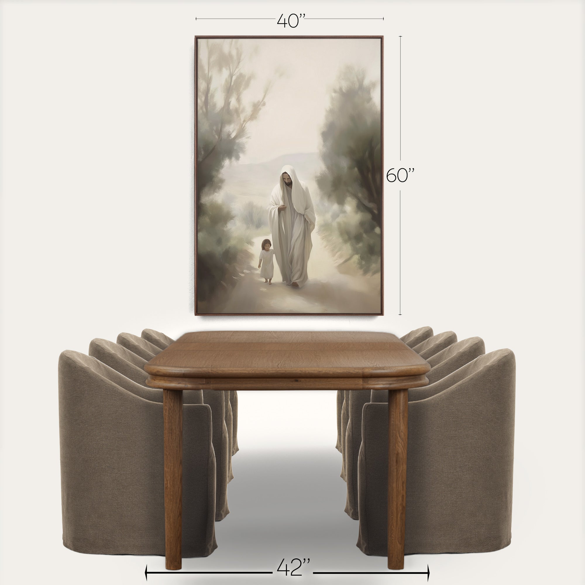 Framed artwork of a woman and child walking together, above a wooden table with dimensions displayed. 