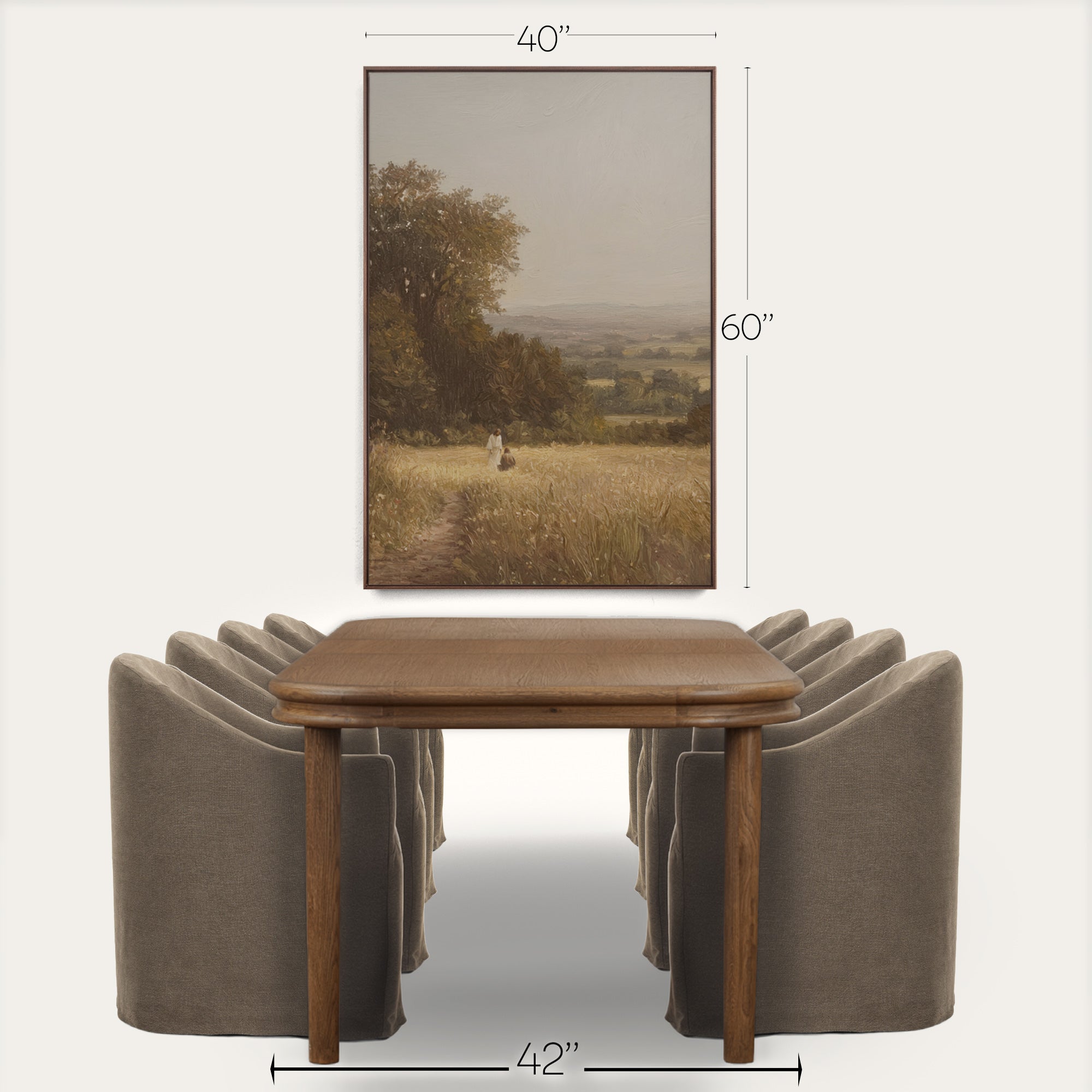 Dining table with chairs and a landscape painting above, with measurements indicated. 