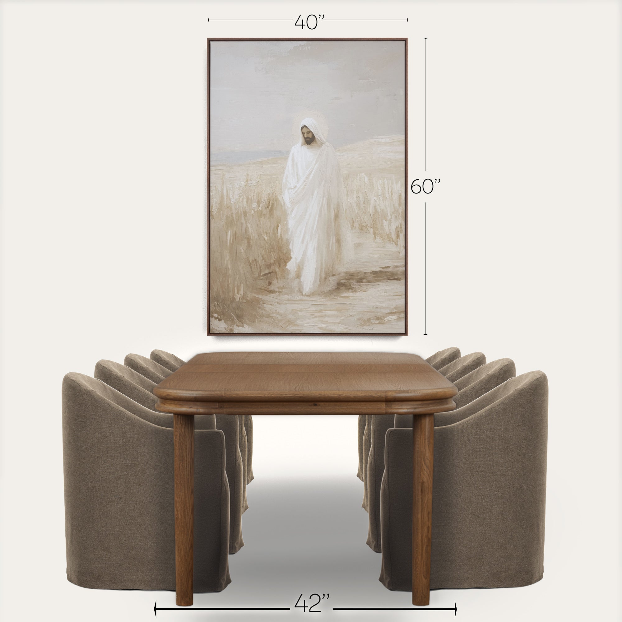 Wooden table with four curved brown chairs and a framed landscape painting above on a white background. 