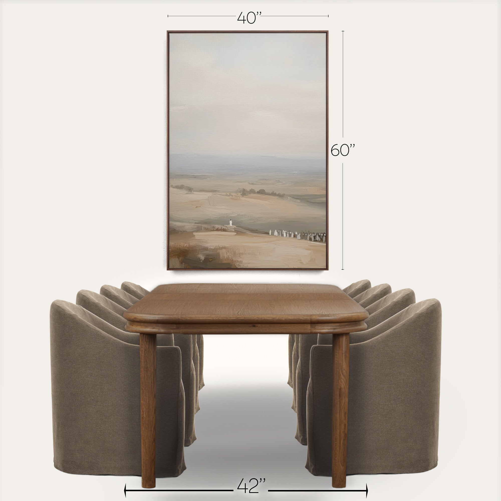 Dining table with chairs and a landscape painting, with dimensions displayed. 