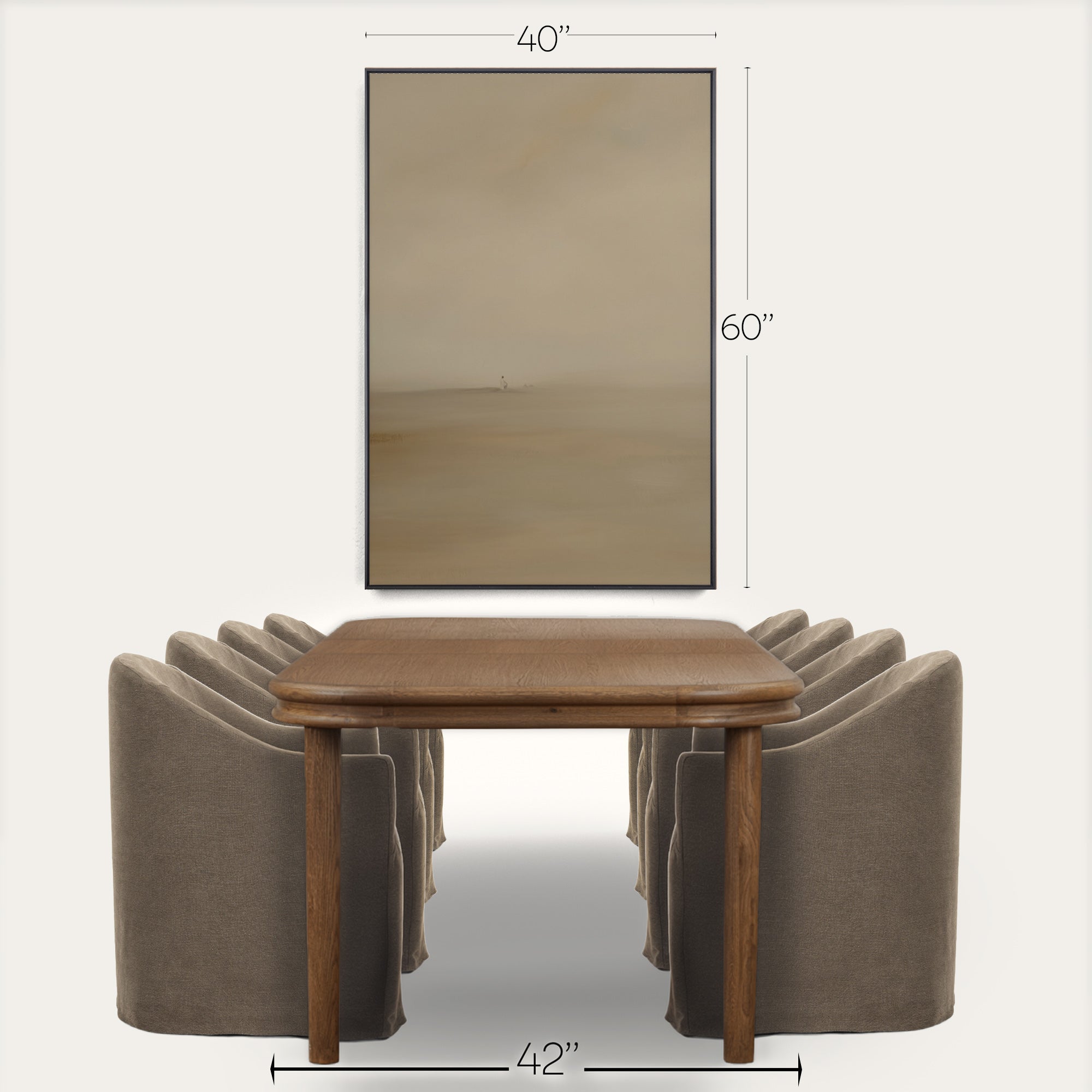 Brown wooden table with gray chairs and a mirror above on a white background 