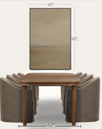 brown wooden table with gray chairs and a mirror above on a white background 
