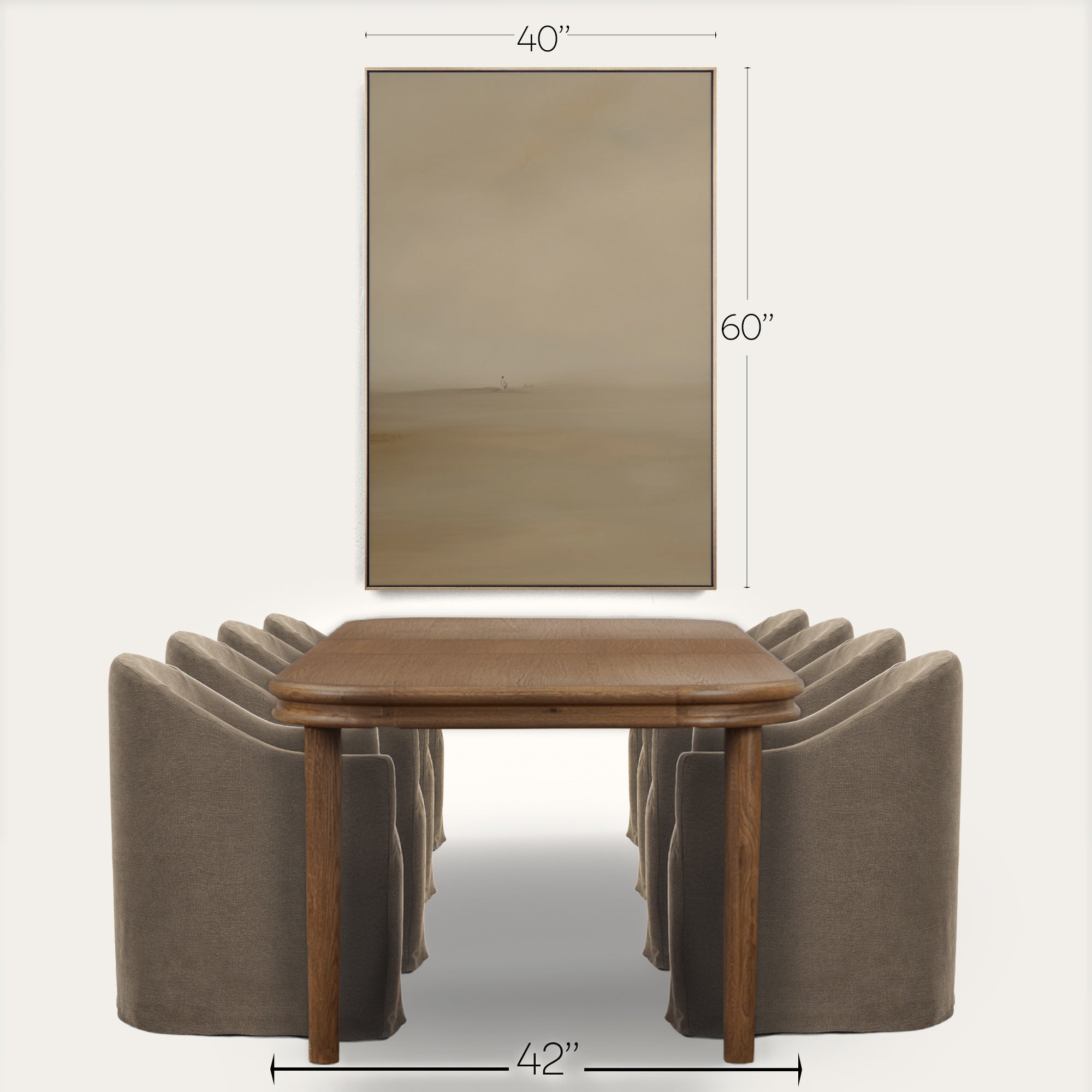 Brown table with gray chairs and dimensions labeled on a white background 