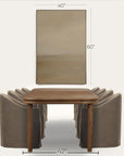 brown table with gray chairs and dimensions labeled on a white background 