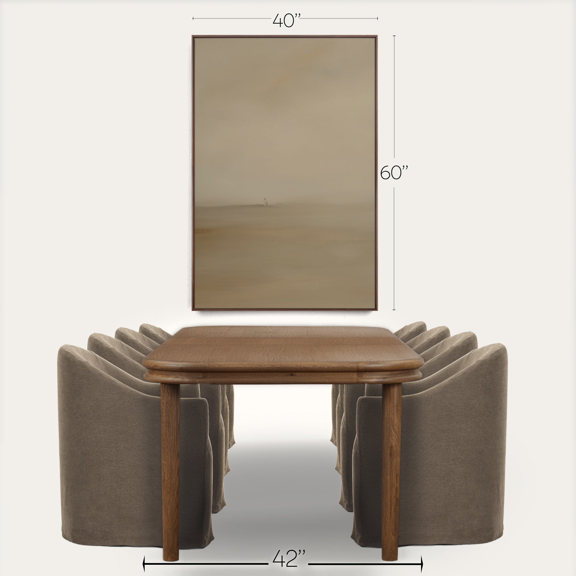Wooden table with dimensions labeled next to a mirror and chairs on a white background 