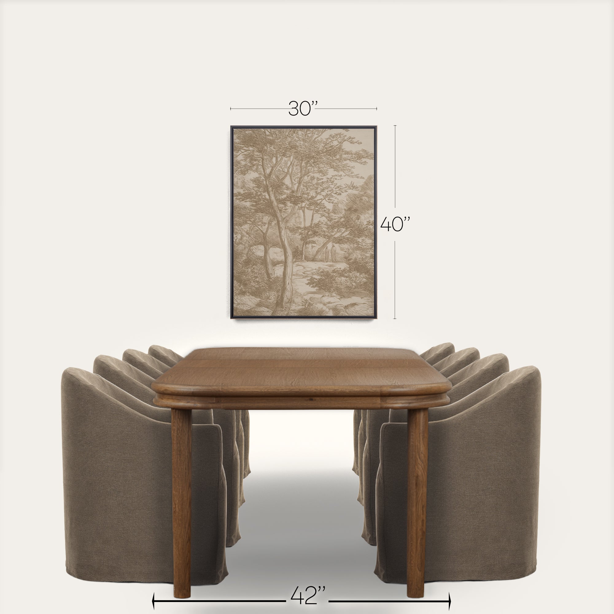 A dining table with upholstered chairs shown below a framed wall art print, with dimension labels indicating 30 inches wide, 40 inches tall for the artwork, and 42 inches wide for the table. The scene is a clean studio-style product presentation on a light warm background. 