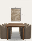a dining table with upholstered chairs shown below a framed wall art print, with dimension labels indicating 30 inches wide, 40 inches tall for the artwork, and 42 inches wide for the table. the scene is a clean studio-style product presentation on a light warm background. 
