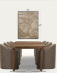 a framed wall art print showing a sepia-toned tree landscape, displayed above a wooden dining table and upholstered chairs. black dimension lines and text indicate the artwork is 36 by 48 inches, with the table shown as 42 by 48 inches. 