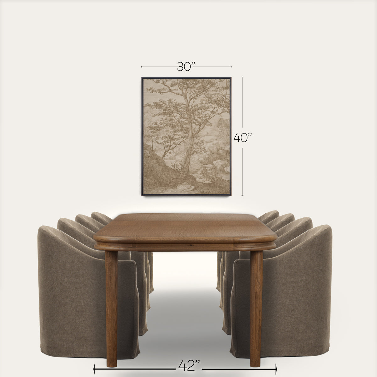 A framed wall art print showing a sepia-toned tree scene, displayed above a wooden dining table and upholstered chairs. White dimension lines and labels indicate 30 inches wide, 40 inches tall for the artwork, and 42 inches wide for the table. 