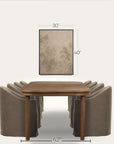 a dining table set with eight upholstered chairs in a warm taupe-brown color, shown below a framed wall art print with dimension lines indicating 30 inches wide by 40 inches high. the entire scene is set against a clean, off-white background with a dimension line at the bottom indicating the table width is 42 inches. 