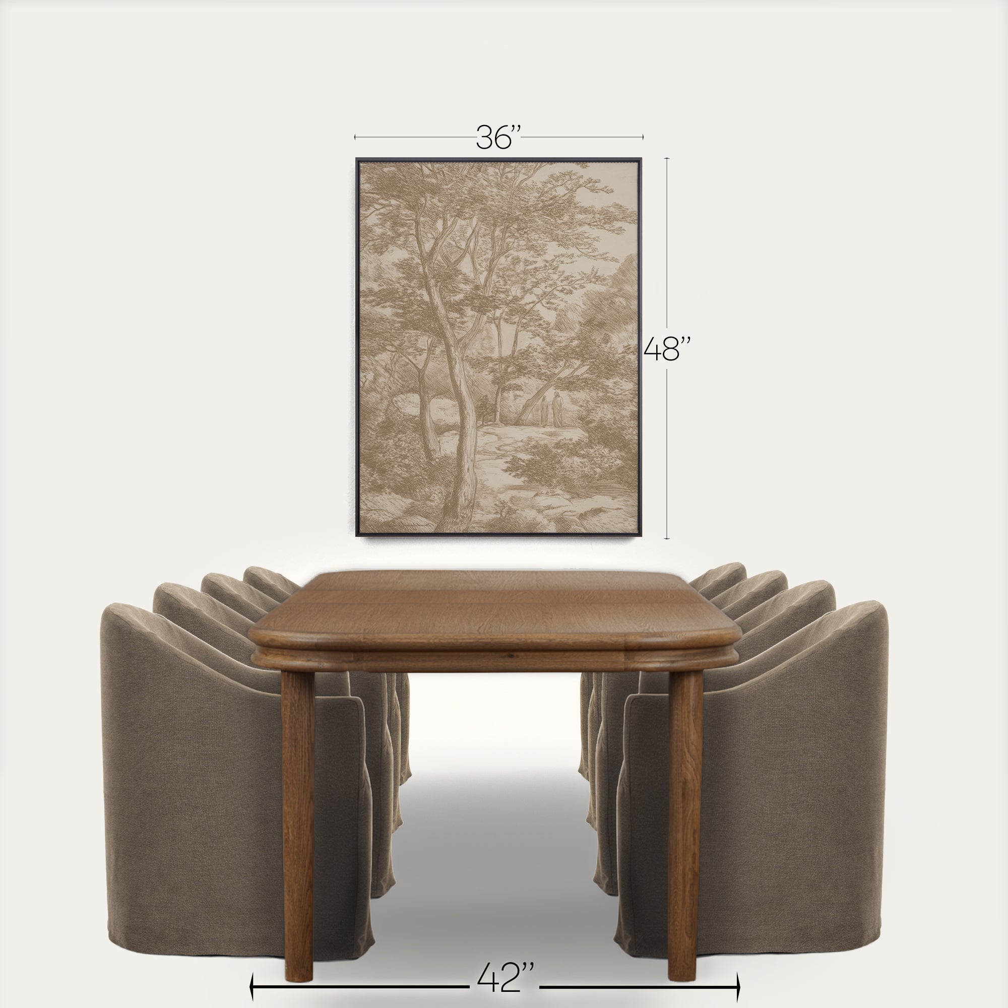 A dining room scene showing a wooden table with upholstered chairs, above and below which dimension callouts indicate wall art size: 36 by 48 inches. The wall art appears to be a framed sepia-toned landscape or forest scene. 