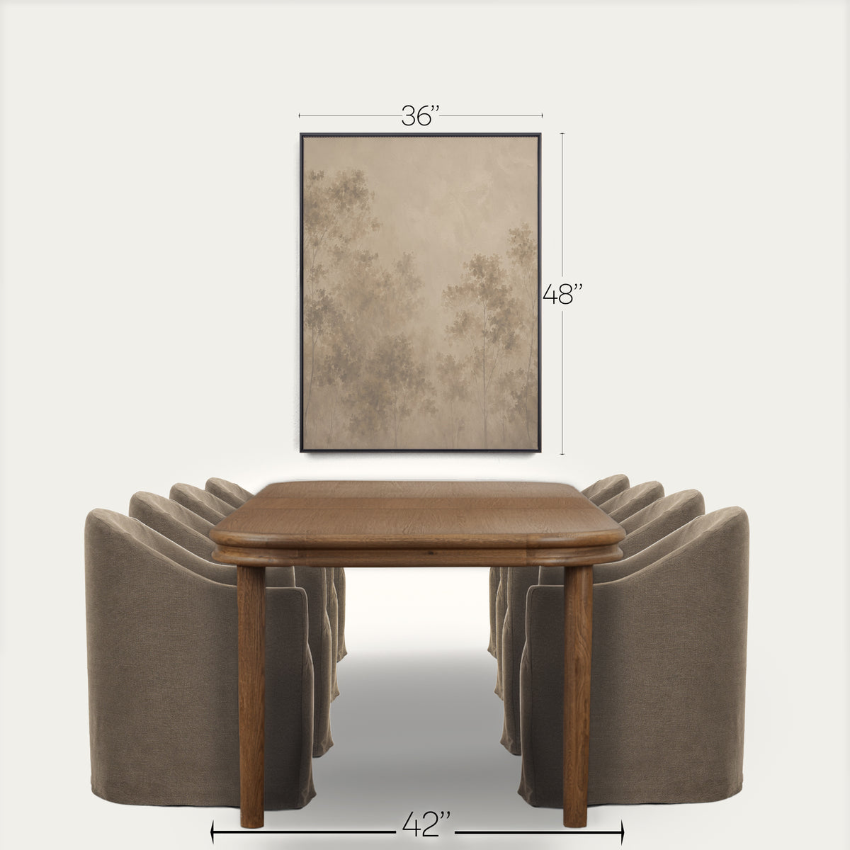 A framed wall art print with a beige and brown abstract tree pattern, shown above a wooden dining table and upholstered chairs. Black dimension lines and text indicate the artwork is 36 by 48 inches, with the table shown as 42 by 42 inches. 