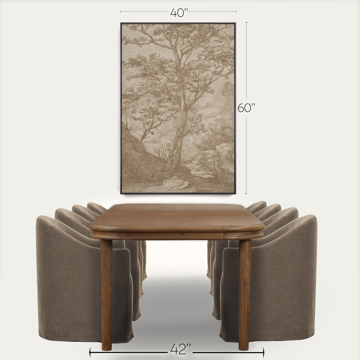 A framed vertical wall art print showing a sepia-toned tree landscape, displayed above a wooden dining table and upholstered chairs on a light gray background. Black dimension lines and text indicate the artwork is 40 inches wide by 60 inches tall, with the dining set below measuring 42 inches wide. 