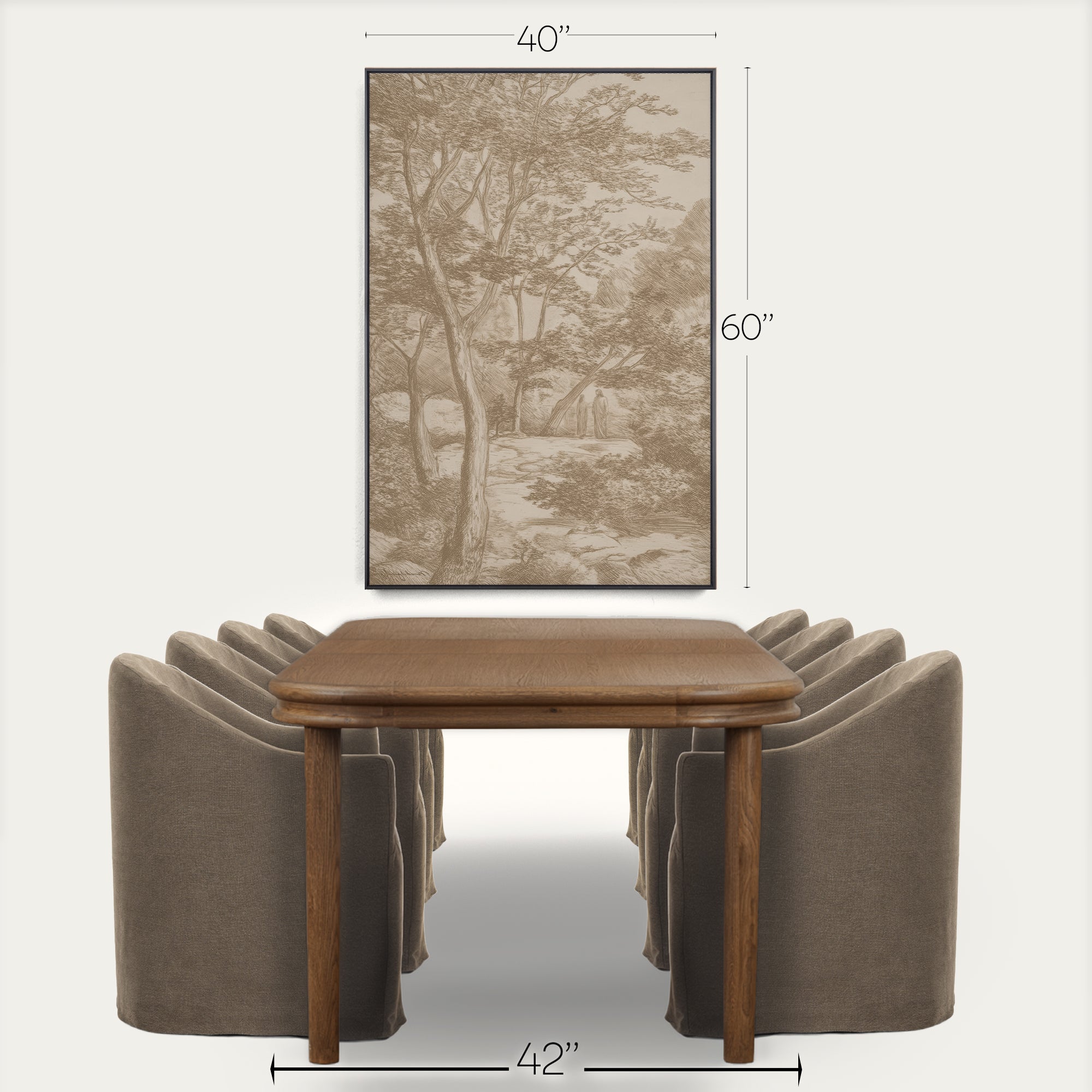 A framed vertical wall art print showing a sepia-toned forest landscape, displayed above a wooden dining table and upholstered chairs. White dimension lines and text indicate the artwork is 40 inches wide, 60 inches tall, and the table is 42 inches wide. 