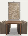 a framed vertical wall art print showing a sepia-toned forest landscape, displayed above a wooden dining table and upholstered chairs. white dimension lines and text indicate the artwork is 40 inches wide, 60 inches tall, and the table is 42 inches wide. 