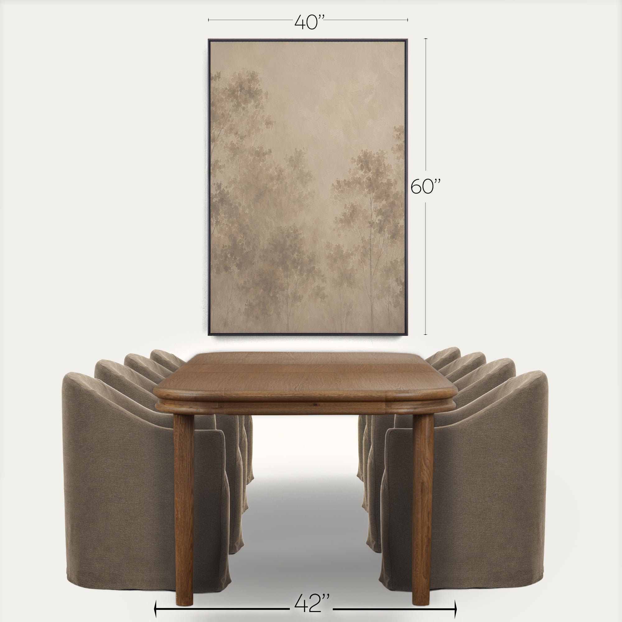 A framed wall art print with a muted beige and brown forest scene, shown above a wooden dining table and upholstered chairs. Black dimension lines and text indicate the artwork is 40 inches wide by 60 inches tall, with the table shown as 42 inches wide. 