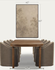 a framed wall art print with a muted beige and brown forest scene, shown above a wooden dining table and upholstered chairs. black dimension lines and text indicate the artwork is 40 inches wide by 60 inches tall, with the table shown as 42 inches wide. 