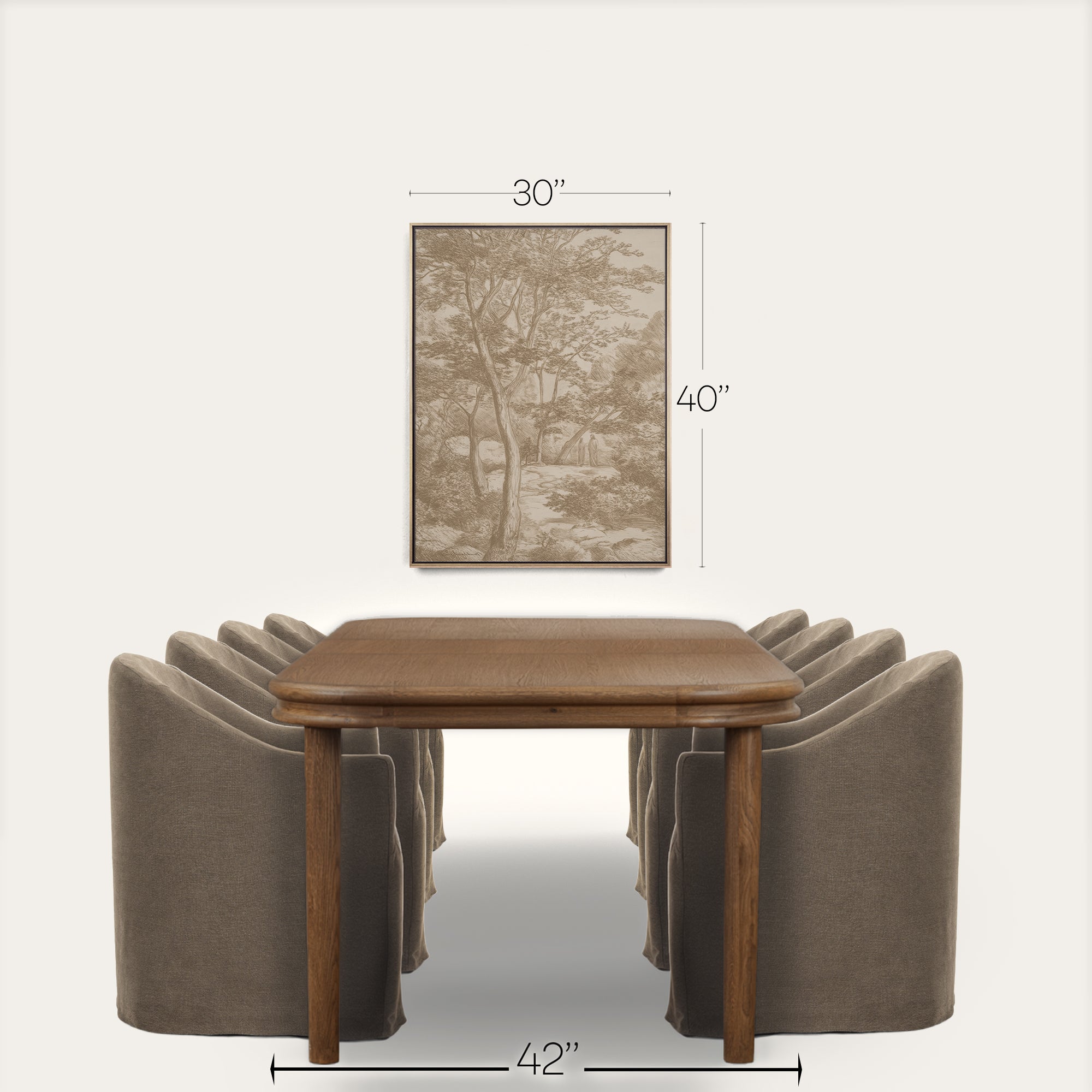 A dining table set with eight upholstered chairs in a warm taupe-gray, shown below a framed sepia-toned landscape print. The image includes dimension callouts indicating the print is 30 by 40 inches and the table is 42 by 48 inches, against a clean off-white background. 