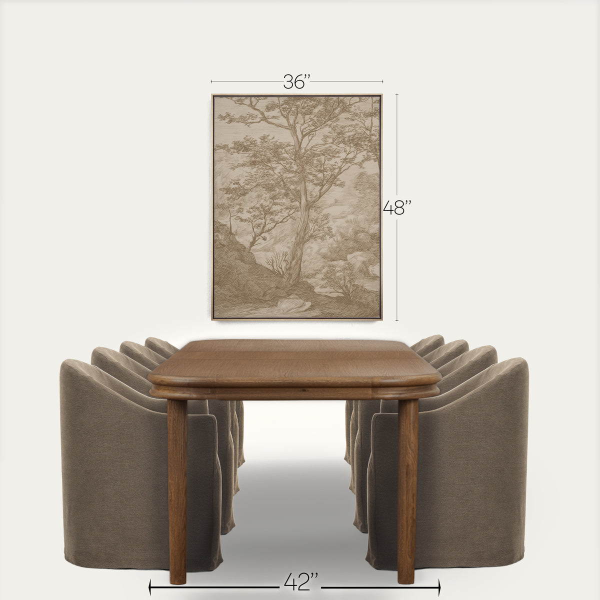 A framed wall art print showing a sepia-toned tree landscape, displayed above a wooden dining table and upholstered chairs. The image includes dimension labels indicating the artwork is 36 by 48 inches, with the table shown as 42 by 42 inches. 