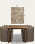 a framed sepia-toned landscape art print is shown hanging above a wooden dining table and upholstered chairs, with dimension labels indicating 36 inches wide by 48 inches tall. 