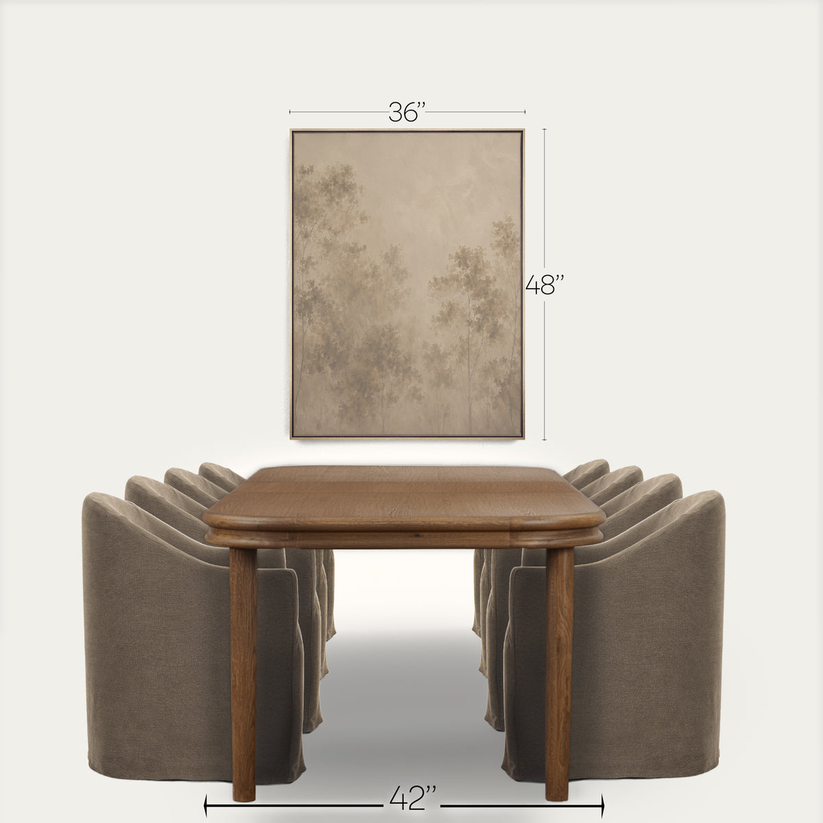A dining table set with upholstered chairs shown against a light neutral background, with a framed wall art piece above. Dimension lines indicate 36 inches wide, 48 inches tall for the wall art, and 42 inches wide for the table. 