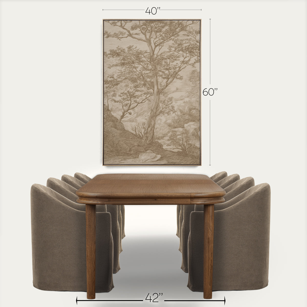 A framed wall art print showing a sepia-toned tree landscape, displayed above a wooden dining table and upholstered chairs on a light gray background. Black dimension lines and text indicate the artwork is 40 inches wide by 60 inches tall. 