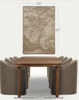 a framed wall art print showing a sepia-toned tree landscape, displayed above a wooden dining table and upholstered chairs on a light gray background. black dimension lines and text indicate the artwork is 40 inches wide by 60 inches tall. 