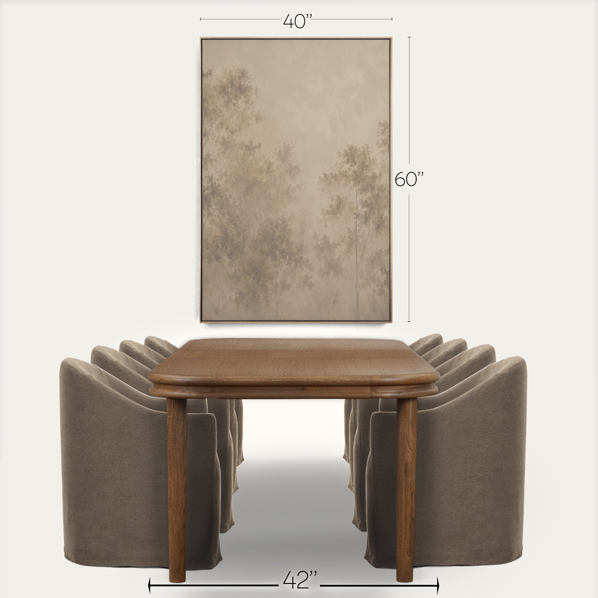 A dining room scene showing a rectangular wooden table with upholstered chairs, plus a large framed wall art piece above with dimension labels reading 40 inches wide and 60 inches tall. The image includes measurement annotations to communicate the artwork size in context. 