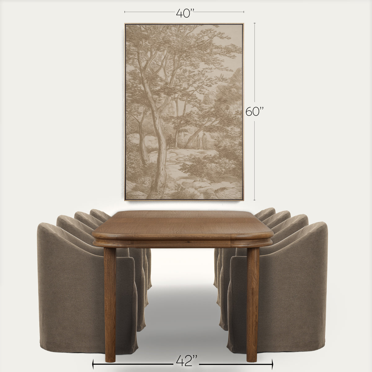 A framed vertical wall art print showing a sepia-toned forest landscape, displayed above a dining table and chairs with dimension labels reading 40 inches wide, 60 inches tall, and 42 inches from the table front. 