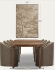 a framed vertical wall art print showing a sepia-toned forest landscape, displayed above a dining table and chairs with dimension labels reading 40 inches wide, 60 inches tall, and 42 inches from the table front. 