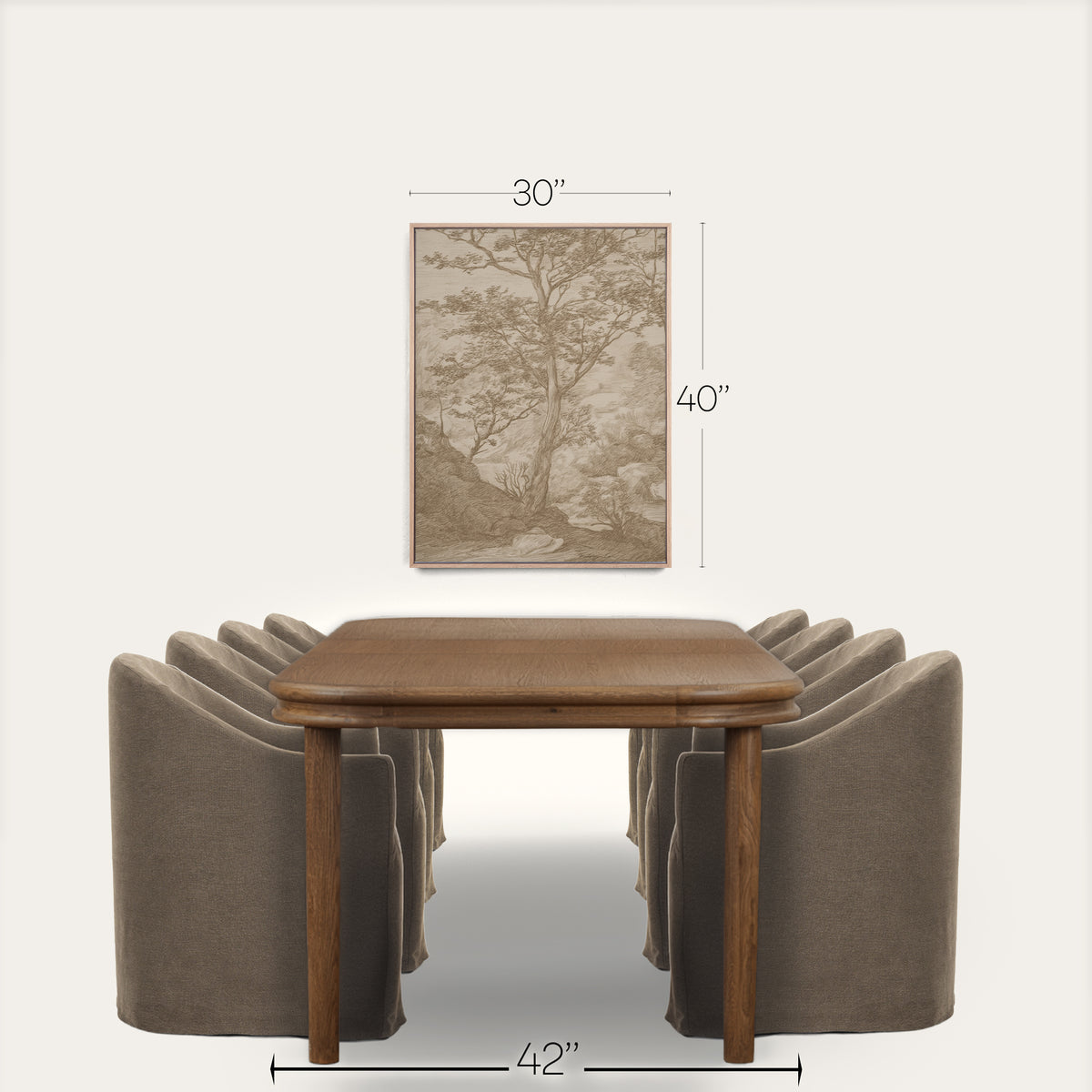 A dining room scene showing a wooden table with upholstered chairs, plus a framed wall art print above the table with dimension labels reading 30 inches wide, 40 inches tall, and 42 inches across the table. The image is a staged interior render with no people or animals. 