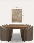 a dining room scene showing a wooden table with upholstered chairs, plus a framed wall art print above the table with dimension labels reading 30 inches wide, 40 inches tall, and 42 inches across the table. the image is a staged interior render with no people or animals. 