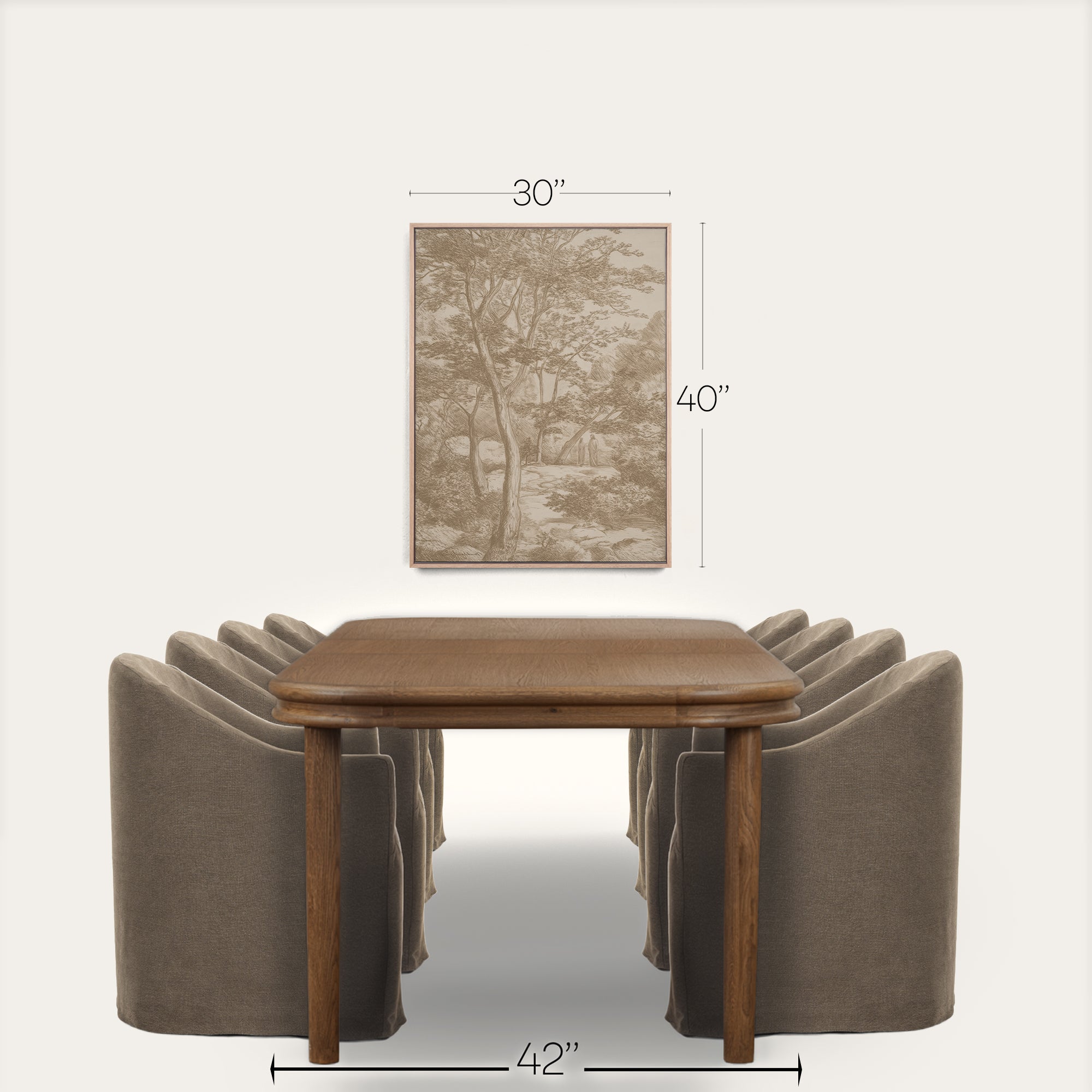 A dining table with eight upholstered chairs in a warm brown and taupe colorway, shown below a framed sepia landscape print with dimension labels indicating 30 inches wide, 40 inches tall, and 42 inches across the table. 