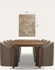 a dining table with eight upholstered chairs in a warm brown and taupe colorway, shown below a framed sepia landscape print with dimension labels indicating 30 inches wide, 40 inches tall, and 42 inches across the table. 