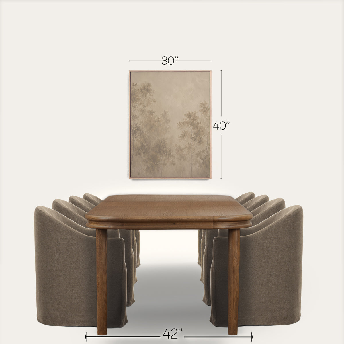 A dining table set with upholstered chairs shown against a light neutral background, with dimension callouts indicating 42 inches wide, 30 inches high, and 40 inches for the wall art above. 