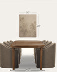 a dining table set with upholstered chairs shown against a light neutral background, with dimension callouts indicating 42 inches wide, 30 inches high, and 40 inches for the wall art above. 