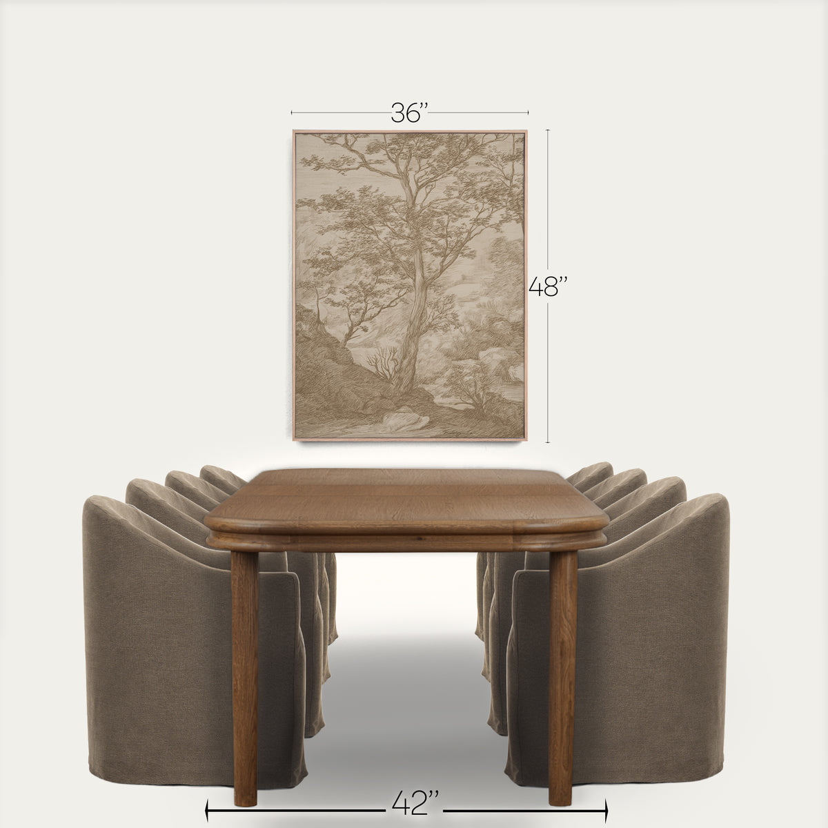 A framed vertical wall art print showing a sepia-toned tree landscape, displayed above a wooden dining table and upholstered chairs. White dimension lines indicate 36 inches wide by 48 inches tall, with the table width marked as 42 inches below. 