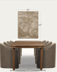 a framed vertical wall art print showing a sepia-toned tree landscape, displayed above a wooden dining table and upholstered chairs. white dimension lines indicate 36 inches wide by 48 inches tall, with the table width marked as 42 inches below. 