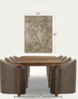 a dining table set with upholstered chairs shown against a light neutral background, with overlaid dimension lines and text indicating 42 inches wide, 48 inches tall, and 36 inches wide for the wall art above. 