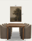 a framed landscape art print showing a tree in a field, displayed above a wooden dining table and upholstered chairs. the image includes dimension labels indicating the print is 36 by 48 inches, with the table shown as 42 by 42 inches. 