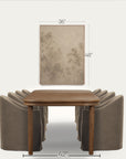 a dining table set with upholstered chairs shown below a framed wall art piece, with dimension labels indicating 36 inches wide, 48 inches tall for the artwork, and 42 inches wide for the table. the scene is a clean interior-style product render on a light neutral background. 