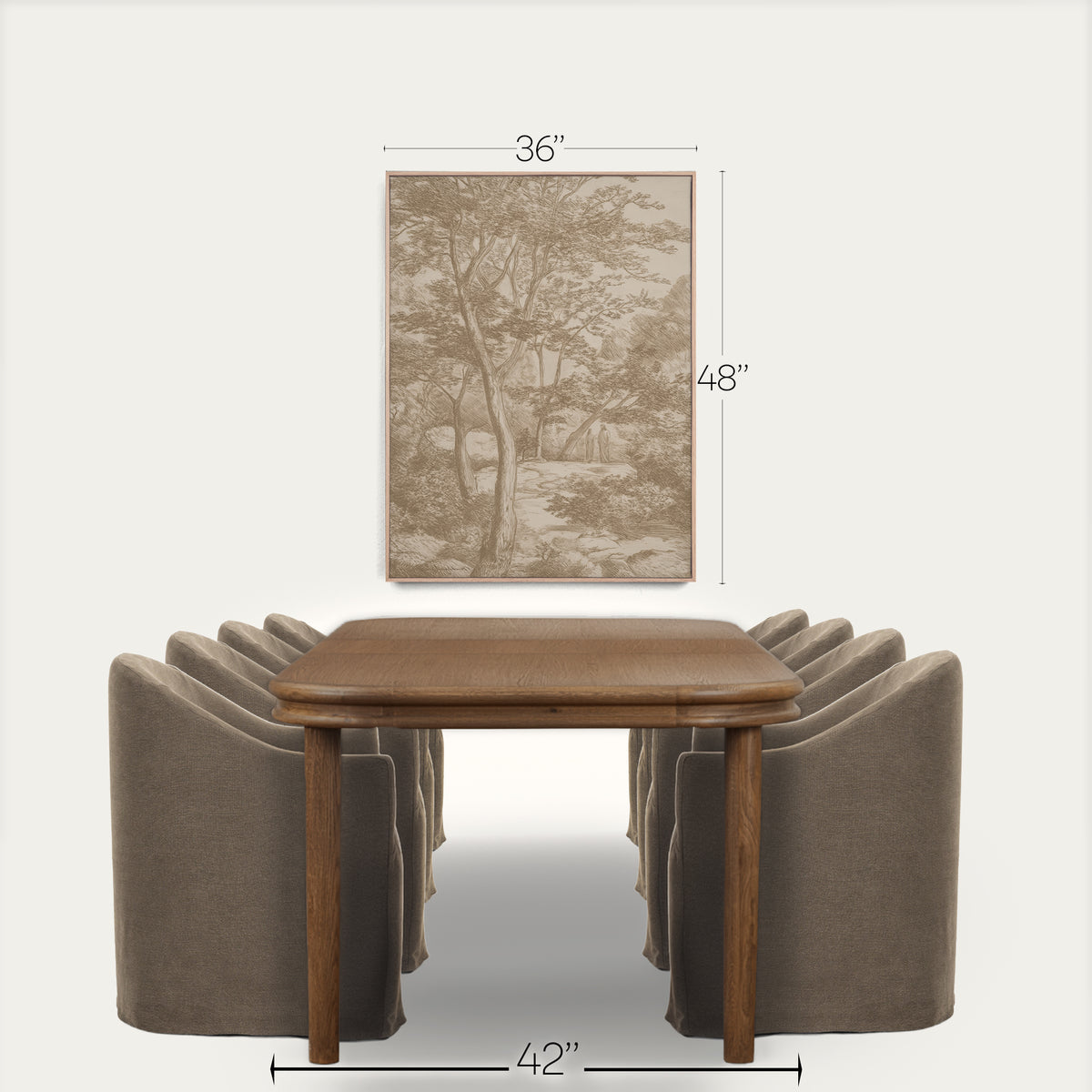 A framed sepia-toned landscape art print is shown above a wooden dining table and upholstered chairs, with dimension labels indicating 36 inches wide by 48 inches tall. The scene is presented on a clean light gray background. 