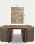 a framed sepia-toned landscape art print is shown above a wooden dining table and upholstered chairs, with dimension labels indicating 36 inches wide by 48 inches tall. the scene is presented on a clean light gray background. 