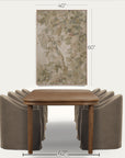 a framed botanical wall art print with a floral tree design in muted beige, green, and brown tones, shown above a dining table and chairs with dimension labels reading 40 inches wide, 60 inches tall, and 42 inches from the table. 