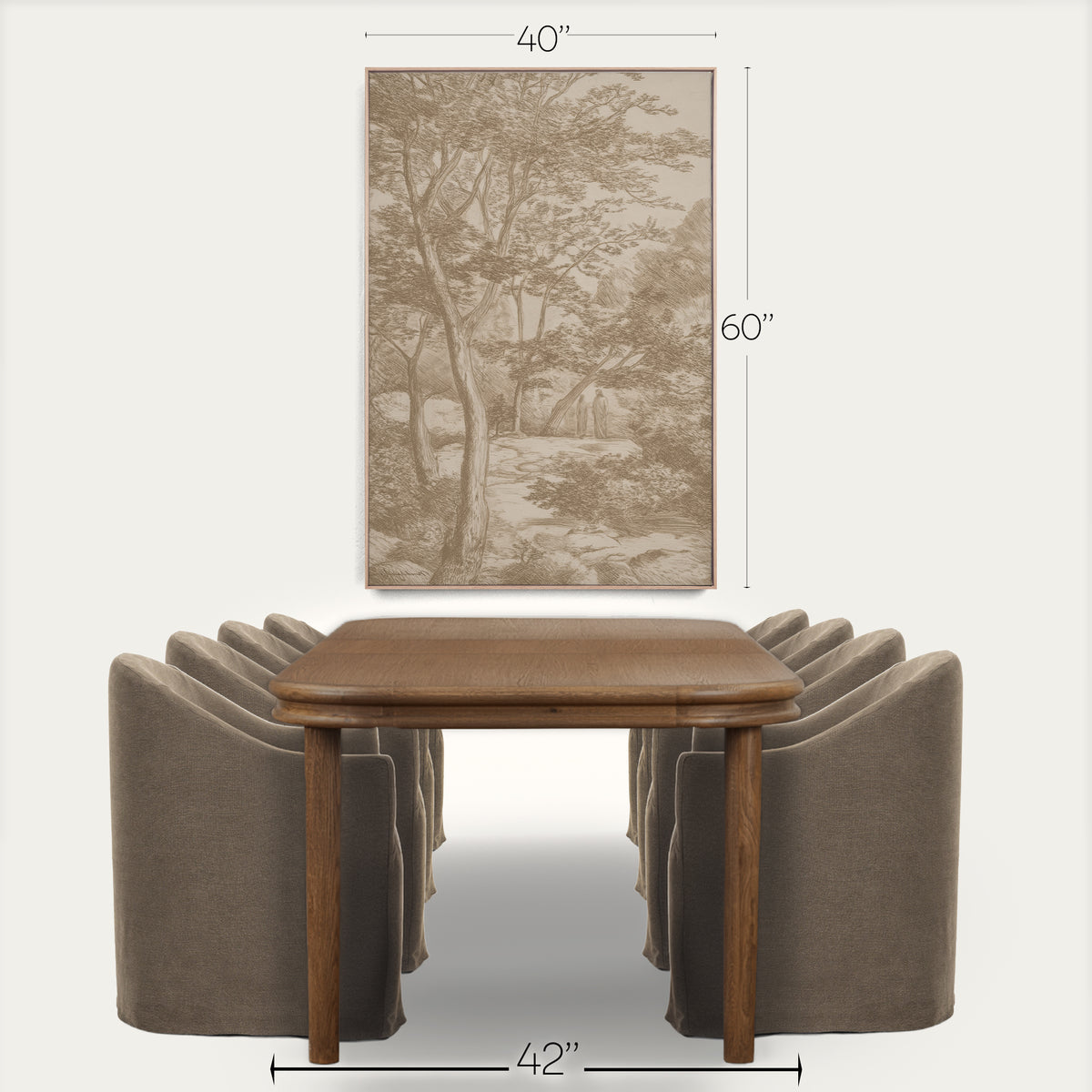 A framed landscape art print with dimension markers (40 inches wide by 60 inches tall) is displayed on a light beige wall above a dining table and chairs. The print features a sepia-toned sketch of trees and a path. 