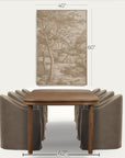 a framed landscape art print with dimension markers (40 inches wide by 60 inches tall) is displayed on a light beige wall above a dining table and chairs. the print features a sepia-toned sketch of trees and a path. 