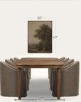 a dining table set with eight upholstered chairs in a clean studio mockup, with a framed landscape painting above. black dimension lines and text show 30 inches width, 40 inches height, and 42 inches width of the scene. 