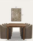 a dining table set with eight upholstered chairs in a warm gray-brown tone, shown below a framed botanical wall art piece. black dimension lines and text indicate the table is 42 inches wide and the wall art is 30 by 40 inches, on a clean off-white background. 
